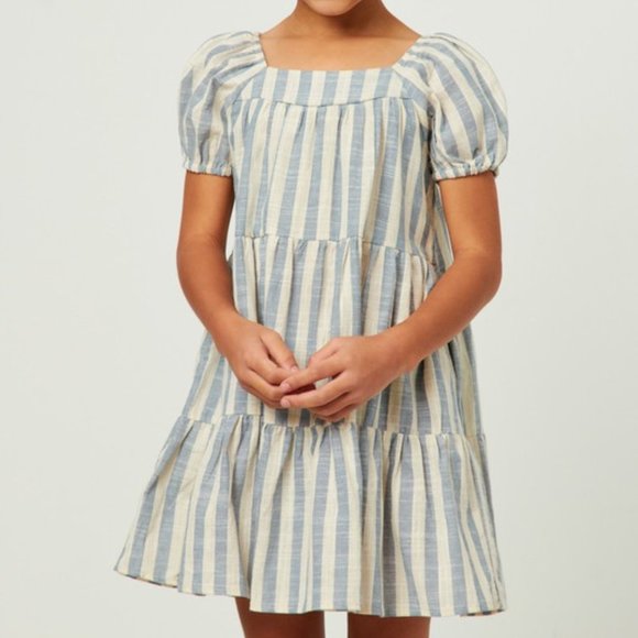 Girls Cotton Striped Square Neck Puff Sleeve Tiered Dress - Picture 7 of 10